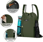 WANDF Drawstring Backpack with Shoulder Pad Sports Gym Backpack with Mesh Pocket String Bag for Women Men(Dark green)