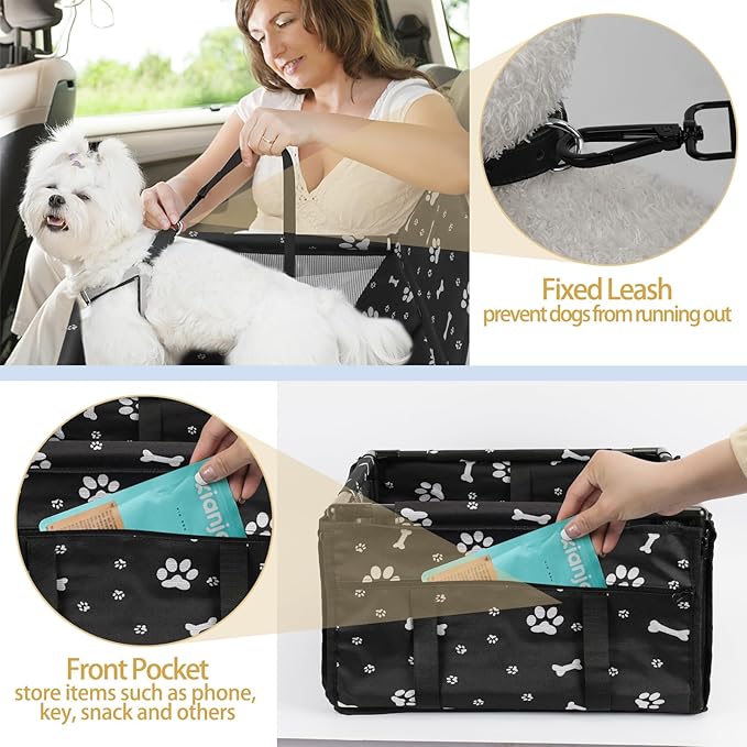 Dog Car Seat Foldable Dog Car Booster Seat Waterproof Breathable Oxford Travel Bag for Small to Medium Dogs, Puppies, and Pets-Pattern Black-Upgrade