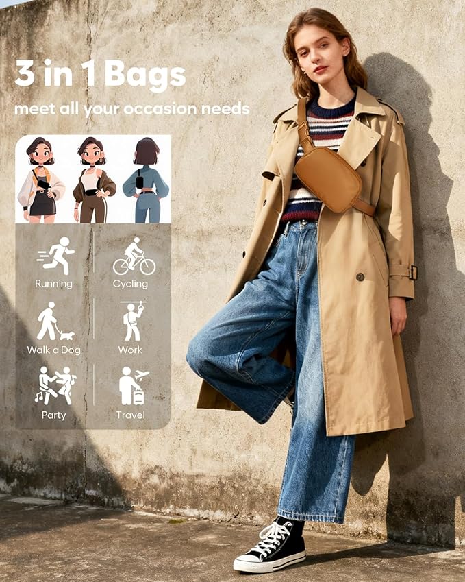 Pritent Fanny Packs for Women Cross Body Bag Waterproof Belt Bag with Adjustable Strap and Zipper Back Pocket Small Crossbody Bags Fashion Waist Packs for Workout Travelling(Brown)