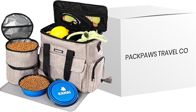8-Pack – Dog Travel Essentials Kit – Food Storage, Bowls, Mat & Poop Bag Dispenser – Institutional Pet Supply Set
