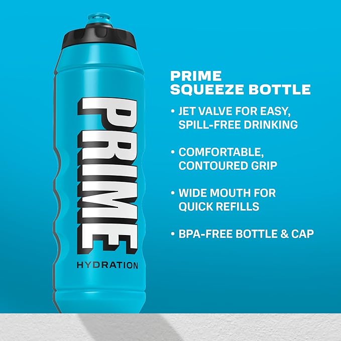 PRIME 32 oz Blue Squeeze Sports Water Bottle, BPA Free, Dishwasher Safe, Easy-Grip Ergonomic Leakproof Design, Fast Hydration for Gym, Cycling, Running