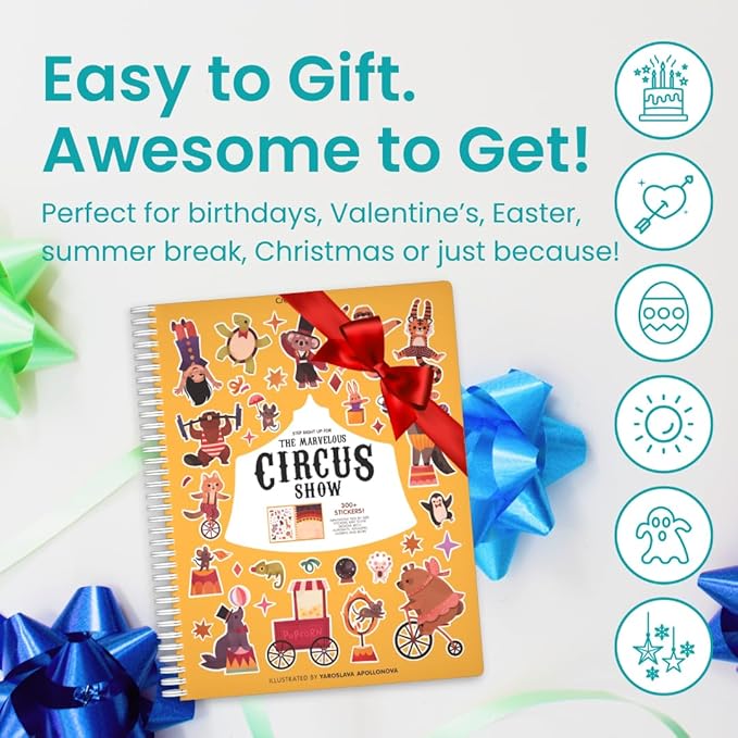 Circus Show 300+ Kids Sticker Book by Cupkin Toddler Airplane Travel Coloring and Sticker Book, Road Trip Essentials, 8 Coloring Pages 8 Side by Side Scenes for Ages 2–8 Years