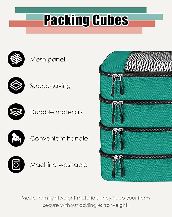 WTREE 4-Piece Packing Cubes Travel Accessories Set for Suitcases - Luggage Organizer Bags with Double Zipper - Mesh Top - Small - Green