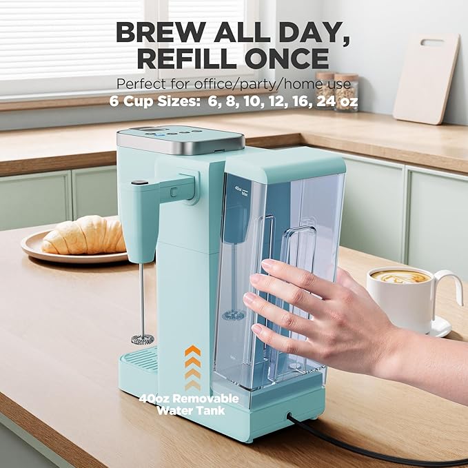 Tastyle Single Serve Coffee Maker with Built-in Detachable Milk Frother, Iced and Hot Coffee Machine for K Cup & Grounds, 40oz Removable Water Reservoir, 6 Cup Sizes, Fits 7.3" Travel Mug, Teal