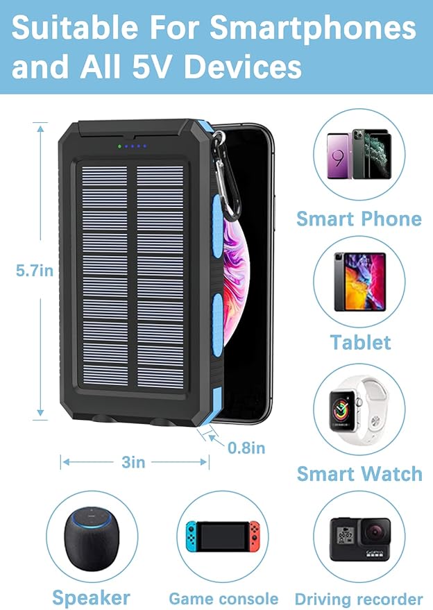 Solar Charger Power Bank - 36800mAh Solar Phone Charger, USB-C QC3.0 Fast Charger with LED Flashlight, IP65 Waterproof Portable Power Bank for Camping, Hiking Outdoor Activities（Blue）