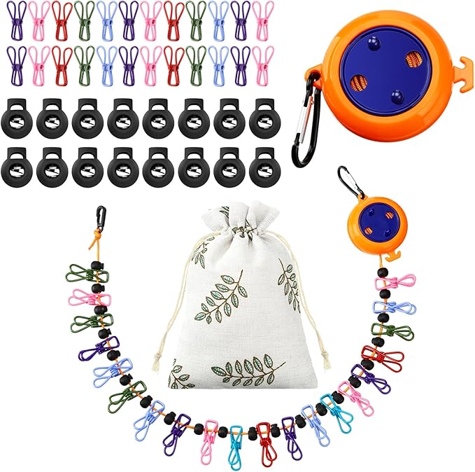 Windyun Portable Travel Clothesline Cord Adjustable 26ft Camping Clothes Line Laundry Drying Rope with 24 Colorful Windproof Clothespins 24 Stoppers 1 Storage Bag for Hotel Trip Cruise Outdoor Indoor