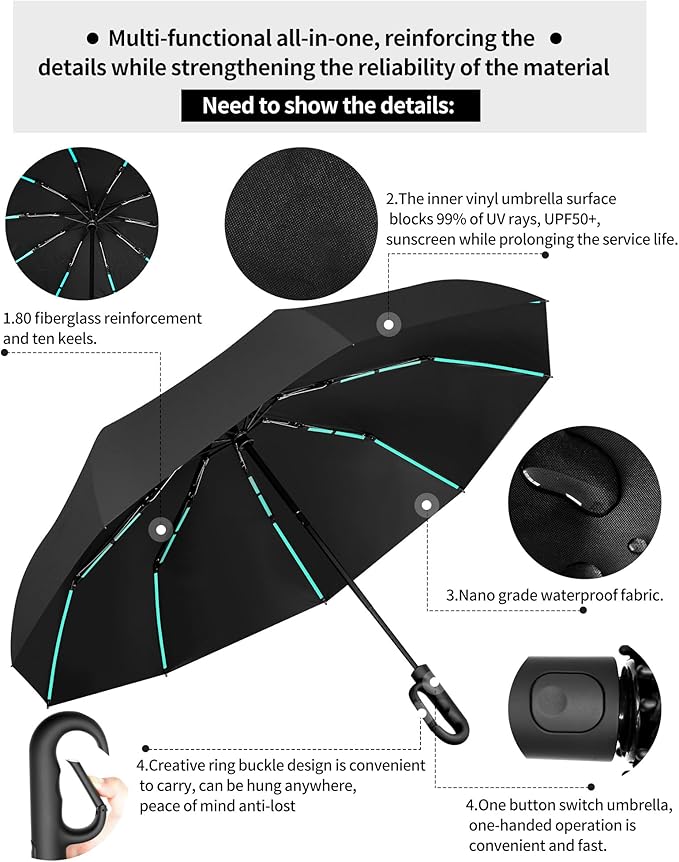 42-Inch Extra Large Umbrella for 2-3 People, Windproof Automatic Open/Close with Carabiner Handle, UPF 99+ UV Protection Folding Travel Umbrella for Rain and Sun