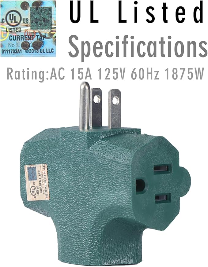 3 Way Plug Adapter - UL Listed - Outdoor Outlet Splitter 3 Prong - Electrical Outlet Extender, Wall Outlet Expander, Outdoor Heavy Duty Triple Plug Outlet Adapter