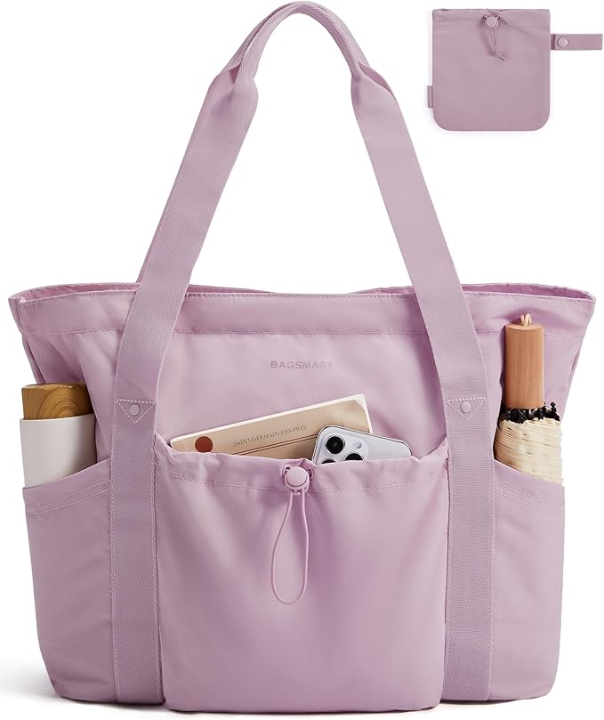 BAGSMART Foldable Tote Bag with Drawstring Bag, Tote Bag Shoulder Bag Top Handle Handbag for Travel, Work, Beach, Gym