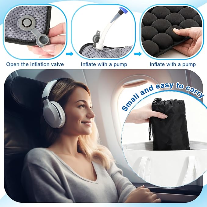 2 Pack Inflatable Travel Seat Cushion with Air Pump Storage Bags 64 Bubbles Upgrade Ergonomic Pressure Relief Airplane Seat Cushion for Long Flights Office Car Portable Lightweight Comfort Cushions