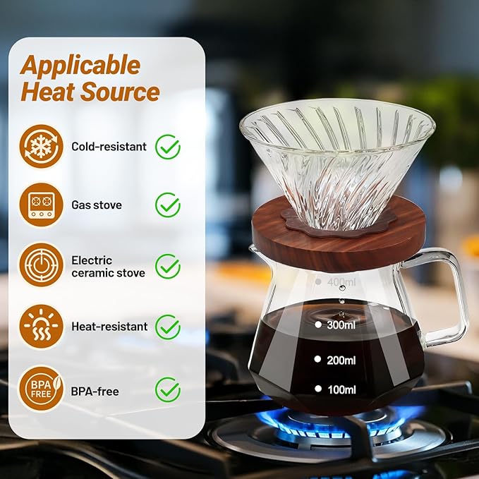 Coffee Pour Over 13.5oz 400ml High Borosilicate Glass Pour Over Coffee Maker Set Camping Travel with 50 Pcs V60 Cone Filter Paper Hand Brew Carafe Drip Suitable for Electric Ceramic Stove