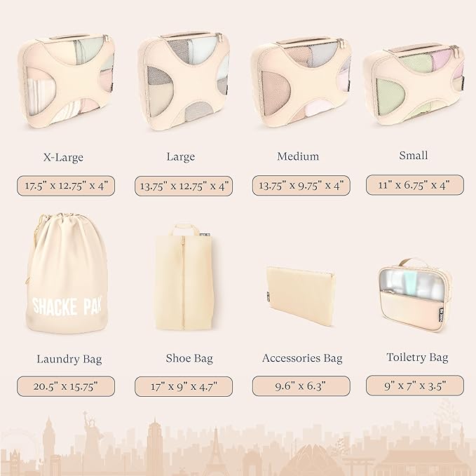 Shacke Packing Cubes for Travel 8 Set - Premium Luggage Organizer Bags - Versatile Travel Organizer for Women and Men - Optimized Packing Bags - Travel Essentials (Cream)
