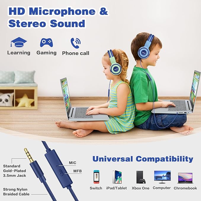 SIMOLIO Kids Headphones for School Age, Wired Headsets with Microphone Volume Limiter Sharing Jack, Adjustable & Sturdy, Tangle-Free Foldable Stereo Headphone for Boys Tablet Travel (Blue)