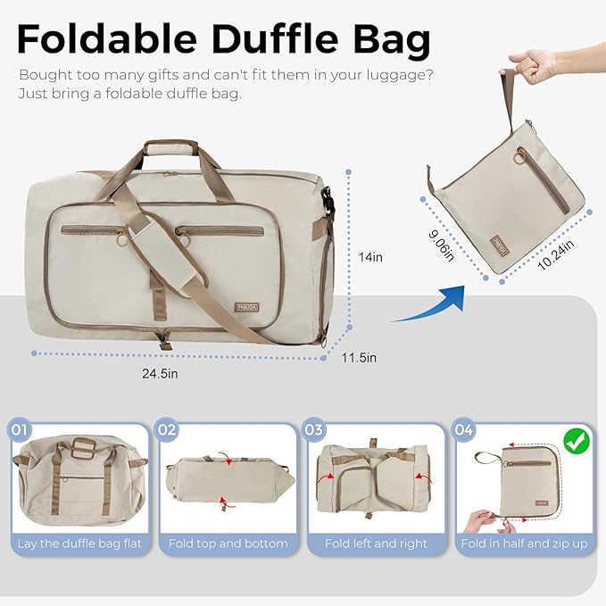 Fmeida 65L Duffle Bag with Shoes Compartment, Foldable Travel Duffel Bags for Men Women, Large Packable Travel Bag Water Repellent & Tear Resistant (Beige)