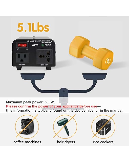Yinleader 500W Voltage Transformer Power Converter(110V to 220V, 220V to 110V) Step Up/Down Converter 110/120 Volt - 220/240 Volt w/US Power Cord [300W Continuous Power]