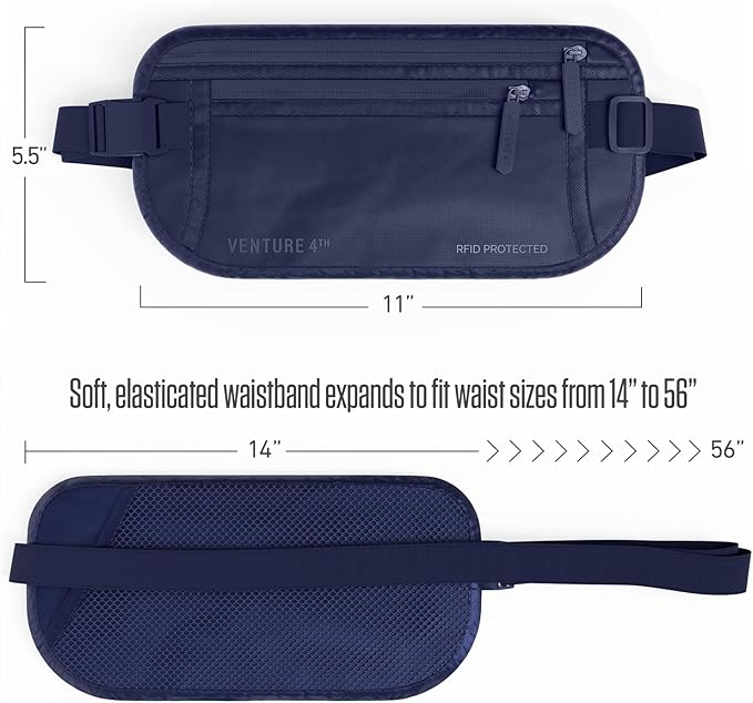 VENTURE 4TH Money Belt for Travel – Slim Hidden Under-Clothes RFID Blocking Anti-Theft Passport Holder & Travel Wallet Pouch for Men & Women to Protect Cash, Cards & Documents (Sleek Navy Blue)