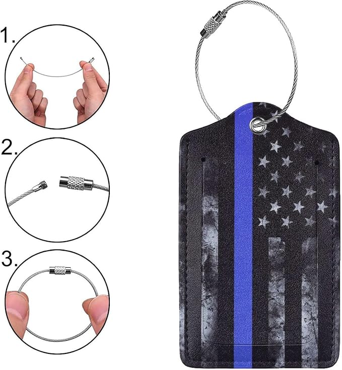 2 Pack Luggage Tags for Suitcases, PU Leather Bag Tag with Privacy Cover Address Card Travel Essentials-Blue Line American Flag