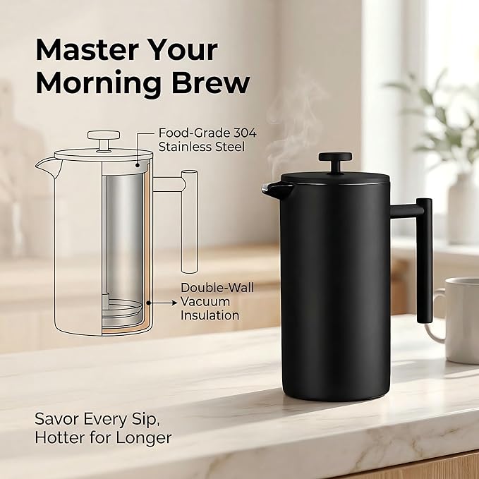 YJX 34oz Coffee Maker, Stainless Steel French Press, 1 Liter Camping Coffee Pot, Tea Maker, 34 Ounce Travel Coffee Presses, Heat Resistant Double Insulated (Black)
