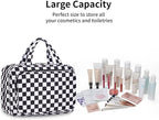 Narwey Travel Toiletry Bag for Women Large Hanging Makeup Bag Organizer Toiletries Bag for Full Size Essentials Accessories Cosmetics (Black Checkerboard (Large))