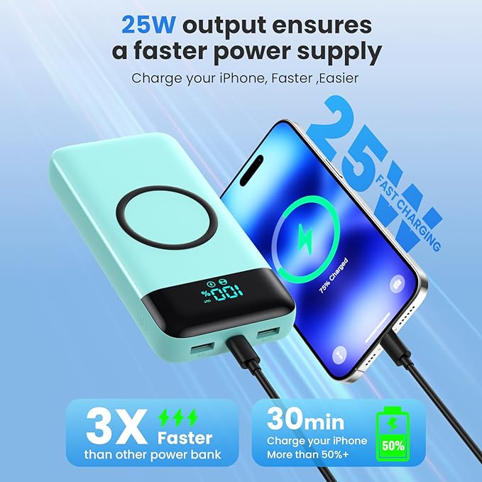 Wireless Portable Charger 40800mAh for iPhone with 3 Built-in Cables,7-in-1 15W Wireless Charging USB C Power Bank,25W PD Fast Charging Travel Essential Battery Pack for iPhone 17/16/15,Android-Green