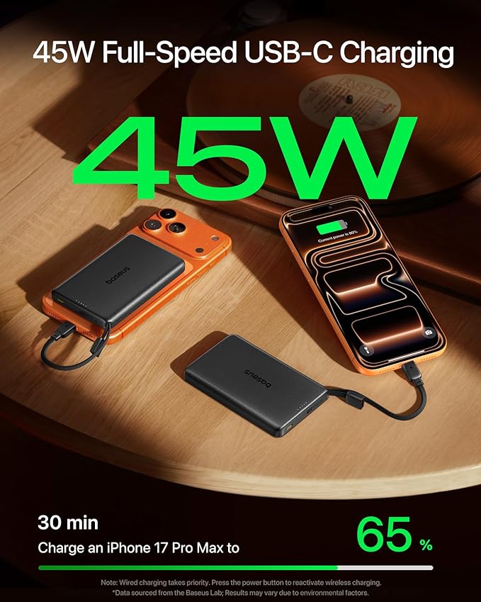 Baseus Picogo AM52 MagSafe Power Bank, Qi2.2 25W 10,000mAh 0.6" Slim Built-in 45W USB-C Cable, Bundle with 20000mAh Wireless Portable Charger for iPhone 17/16/15/14/13/12