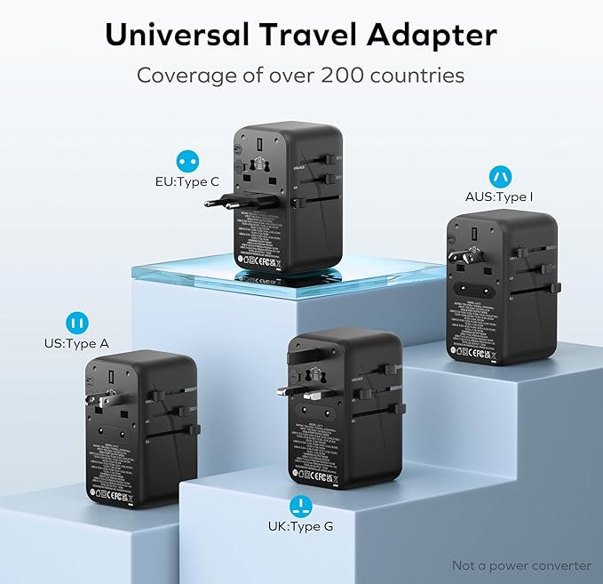 MOMAX Universal Travel Adapter, 120W GaN International Power Adapter, 2 USB-C 2 USB-A, Worldwide Travel Plug Adapter, International Power Adapter for Most Europe, USA, Japan, Australia (Type C/A/G/I)
