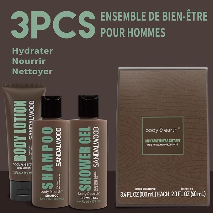Body & Earth, Father’s Day Gifts, Birthday, Christmas Gifts for Boyfriend Husband, Gift for Men, 3PC Mens Gift Baskets, Mens Hygiene Kit, with Sandalwood Body Wash, Body Lotion and Shampoo