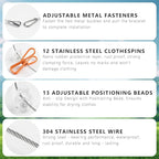 Travel Clothesline Length 9.8Ft with 12 Clothespins, Wire Rope Adjustable Length, Indoor Clothesline, Outdoor Camping Accessories
