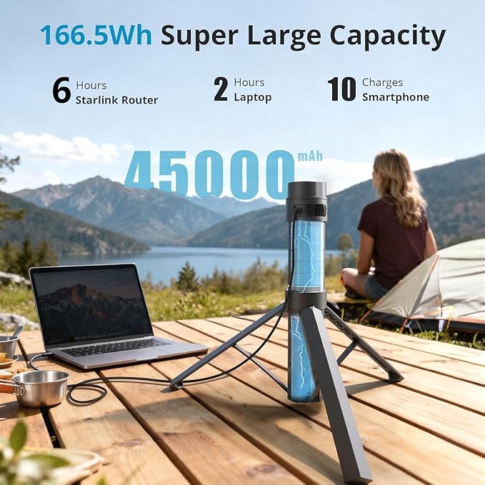 Elfcam - Portable 166Wh 45000mAh Battery Pack for Starlink Mini with Tripod Stand, IP67 Waterproof Power Bank, 6-Hour Runtime, USB-C Fast Charging & DC Output for Outdoor Camping Travel