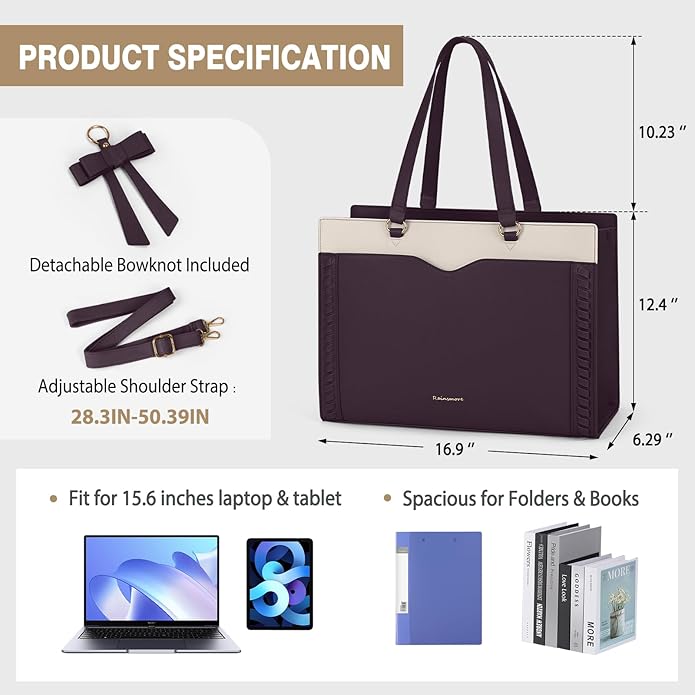 RAINSMORE Laptop Bag for Women 15.6 Inch Work Tote Bag with Detachable Strap & Bow Professional Laptop Tote with Cup Holder