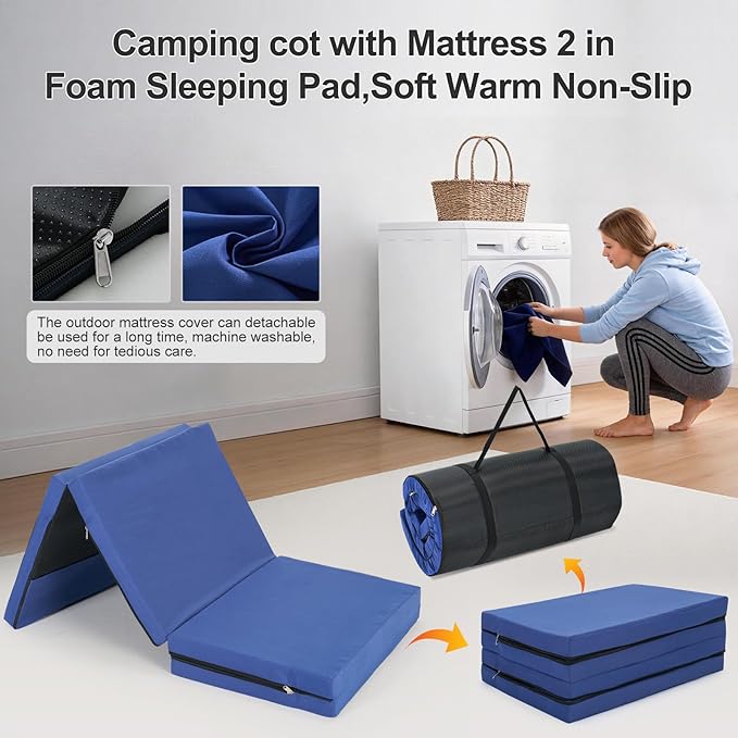 ABORON Camping Cot with 2in Memory Foam Mattress, 900LBS Heavy Duty Sleeping Cot for Adults, Extra Wide Sleeping Cot, 1200D Double Layer Oxford Cot for Camping, Guest, Office Nap
