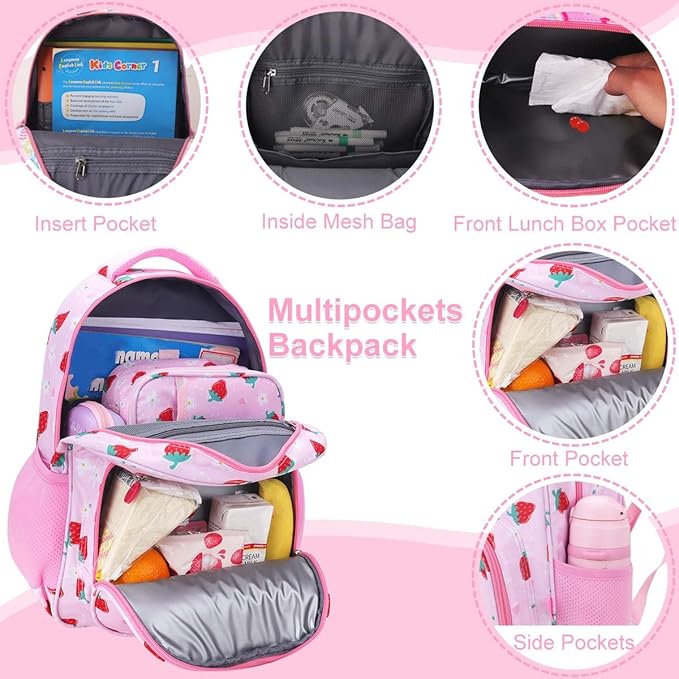 RHCPFOVR Kids Backpack for Girls - Girls Backpack 3-8 Ages Strawberry for Kids 15 Inch School Bookbag for Kindergarten Elementary School Bookbag for Girl 1st 2nd Grade
