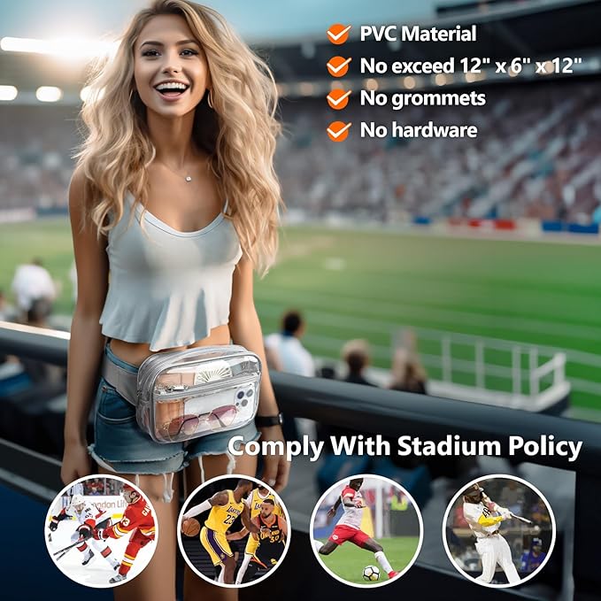 Packism Clear Fanny Pack Stadium Approved - Plus Size 35-51 inches Adjustable Strap Clear Belt Bag for Women Men Transparent Waist Bag for Concerts, Sporting Events, Grey
