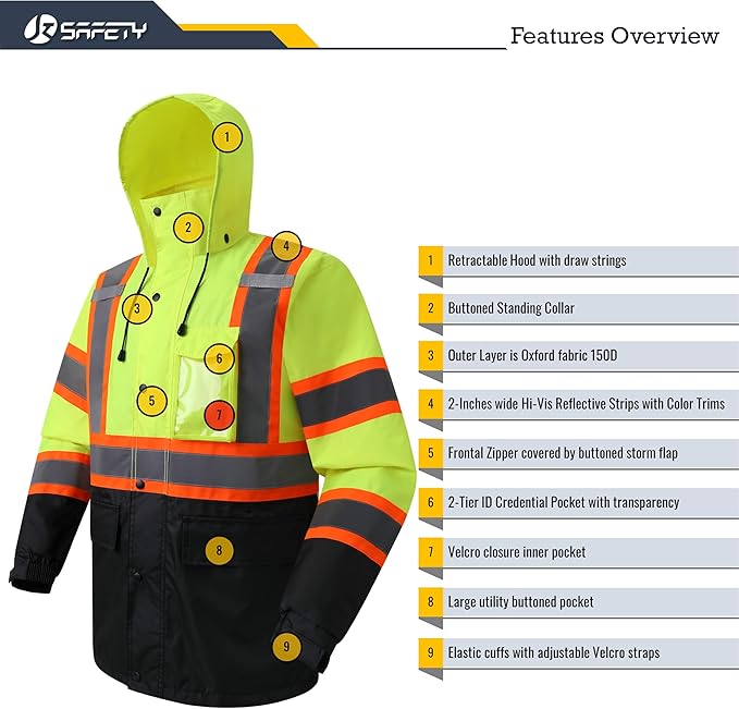 JKSafety Hi-Vis Reflective Safety Rain Jacket and Pants for Men Women Waterproof Rain Gears for Farming Fishing Work HV Rain Suit with Inner Mesh Lining and Pockets (117-Yellow L)