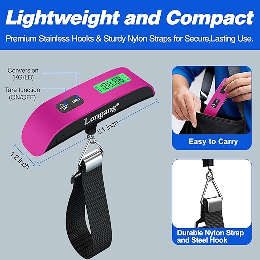 Digital Hanging Luggage Scale with Backlit for Travel, Portable Handheld Suitcase Weight Scale with Hook, 110 Pounds, Battery Included
