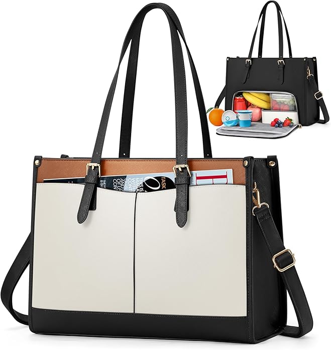 Laptop Bag for Women with Insulated Lunch Compartment 15.6 Inch Pu Leather Work Tote Computer Briefcase Bag for Office