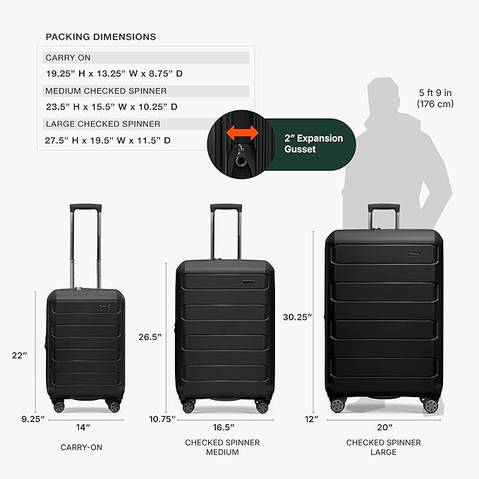 Traveler's Choice Pagosa Hardshell Expandable Luggage with Spinner Wheels, Black, 3-Piece Set (22/26/30)