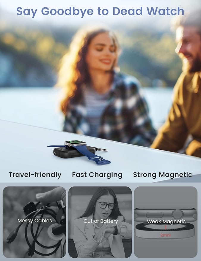 RORRY CharmGo Charger for Apple Watch Series 10, 2500mAh Fast Charging Portable Charger for iWatch, Travel Charger with Built-in USB C Cable for Apple Watch Ultra Series 9 8 7 6 3 2 Accessories, Black