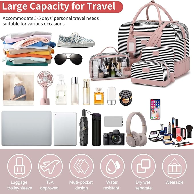 Wogarl 4PCS Weekender Bags for Women Large Overnight Weekend Travel Duffel Carry on Shoulder with Shoe Compartment Canvas Toiletry Bag for Travel Business Gym