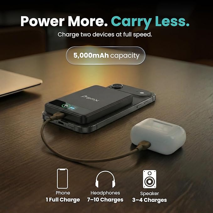 5K Magnetic Power Bank, Black, Qi2 Certified 15W Wireless Charger, LCD Display, Ultra-Slim Solid-State Battery Pack for iPhone 17/16, Lightweight Travel, Everyday Use USB-C Portable Charger