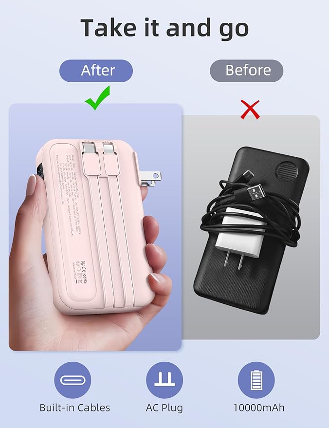 RORRY Portable Charger Built in Cables, AC Wall Plug in Portable Charger Power Bank 10000mAh Travel Battery Pack 22.5W Fast Charging for iPhone 17/16/15 Samsung Galaxy S25/S24/S23 Pixel LG iPad, Pink