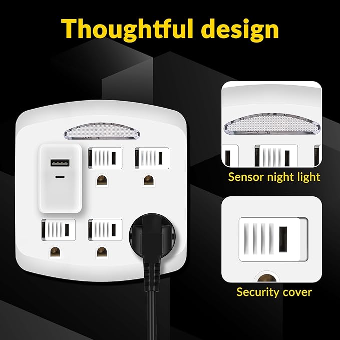 6-Outlet Extender 2 Pack, 3-Prong Ground Wall Tap Adapter with Safety Cap & LED Guide Light, Cruise Essentials, Multiple Plug Electrical Outlets Splitter for Home, Office, Dorm Room, ETL Listed, White