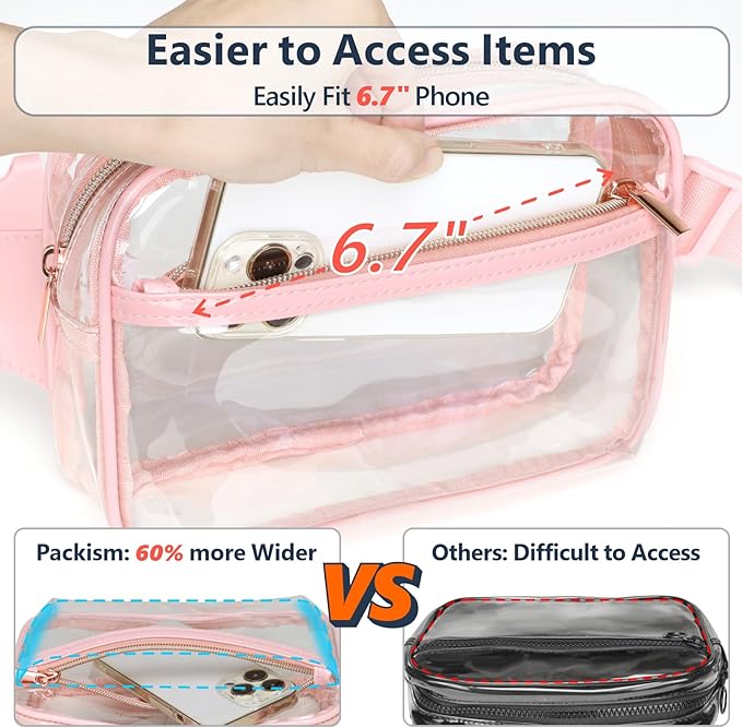 Packism Clear Fanny Pack Stadium Approved - Plus Size 35-51 inches Adjustable Strap Clear Belt Bag for Women Men Transparent Waist Bag for Concerts, Sporting Events, Pink