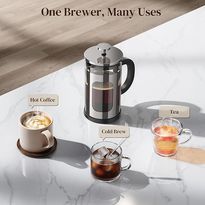 Veken French Press Coffee Maker 21oz 0.6 L, Single Serve Small Pot, Heat Resistant Thickened Borosilicate Glass,Stainless Steel Brewer,Cold Brew Cafetera Teapot for Kitchen Travel Camping, Dark Pewter