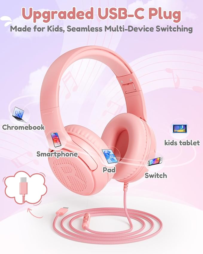 awatrue USB-C Kids Headphones with Mic - 85/94dB Volume Limiter, Foldable Wired Toddler Headphones for Boys & Girls, Over-Ear Type-C Kid Headphones for School, Travel, lPad, Tablet & Smartphones