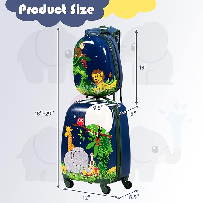 BABY JOY 2 PC Kids Luggage, 16" Toddlers Carry-on Suitcase & 12” Backpack Set, Children Travelling Case w/ 4 Casters & Retractable Handle, Lightweight Trolley Case for Boys & Girls (Elephant)