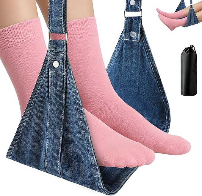 Airplane Foot Hammock, No Collapse Foot Rest for Plane Travel with Extended Adjustment Strap, Portable Desk Foot Hammock with,Cotton Denim, Foot Sling Travel Essentials to Relax Your Feet (Dark Blue)