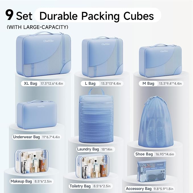 9 Set Packing Cubes for Travel, Gifts for Women Mom,Anti-Tearing Suitcase Organizer,OlarHike Vacation Essentials & Accessories for Cruise Ship