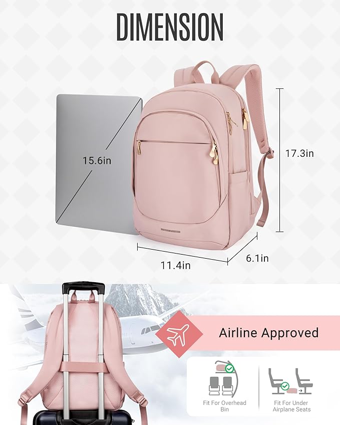 LIGHT FLIGHT Travel Backpack for Women, 15.6 Inch Laptop Backpack with USB Charging Hole, Water Resistant College Bookbag, Large Capacity Black Computer Backpacks for Work, Dull Pink