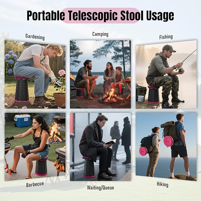 Doseno Upgraded Foldable Stool Thickened, Portable Collapsible Stool Retractable Stool for Fishing, Hiking Tours, BBQ, Parties, Outdoor Activities（Pink）